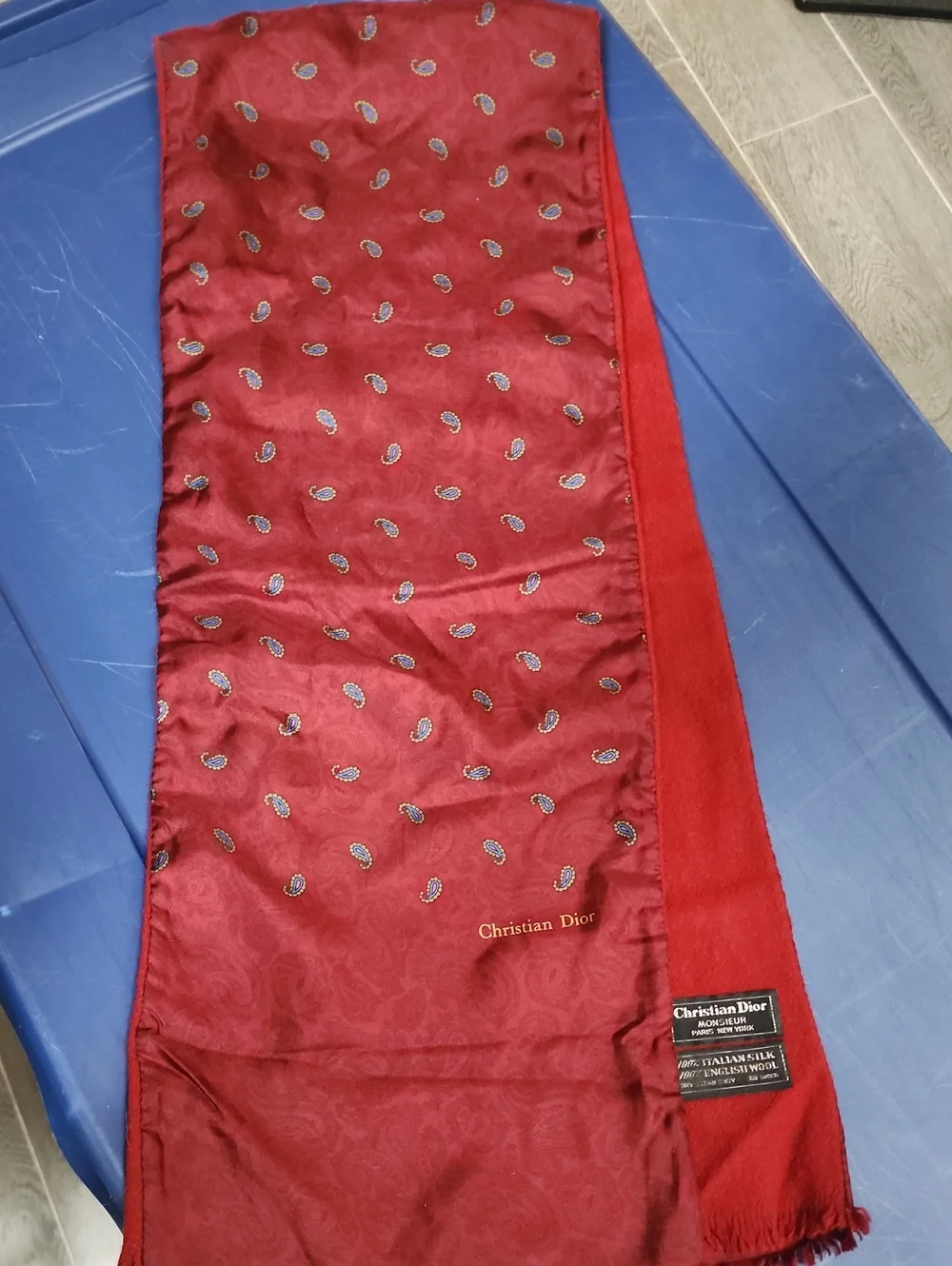 Vintage Christian Dior Authenticated Red Paisley Silk & Wool Scarf